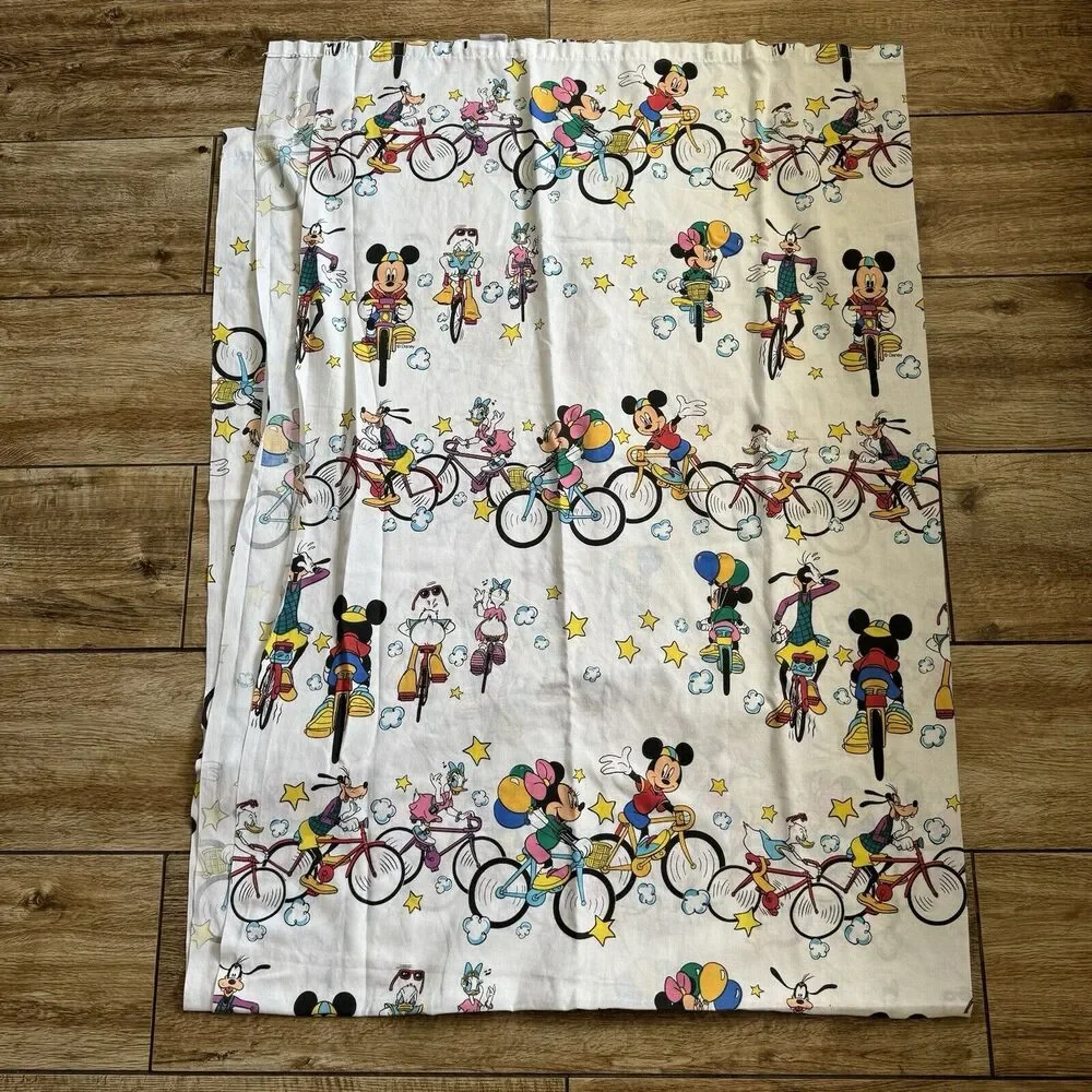 Vtg Disney Mickey Mouse Bicycling Twin bed Fitted Sheet Only Bike Goofy Fabric